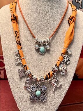 Turquoise Pendant Layered Necklace - Terracotta Silver Charm Statement